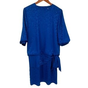 Vintage 80s Argenti‎ Women's Dress Size 10 Blue Animal Print Mock Wrap Tie Waist